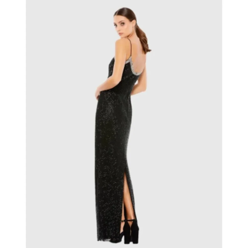 NWT Mac Duggal Black Beaded Spaghetti Strap Gown Sz 14 Formal Evening Dress - Picture 3 of 16